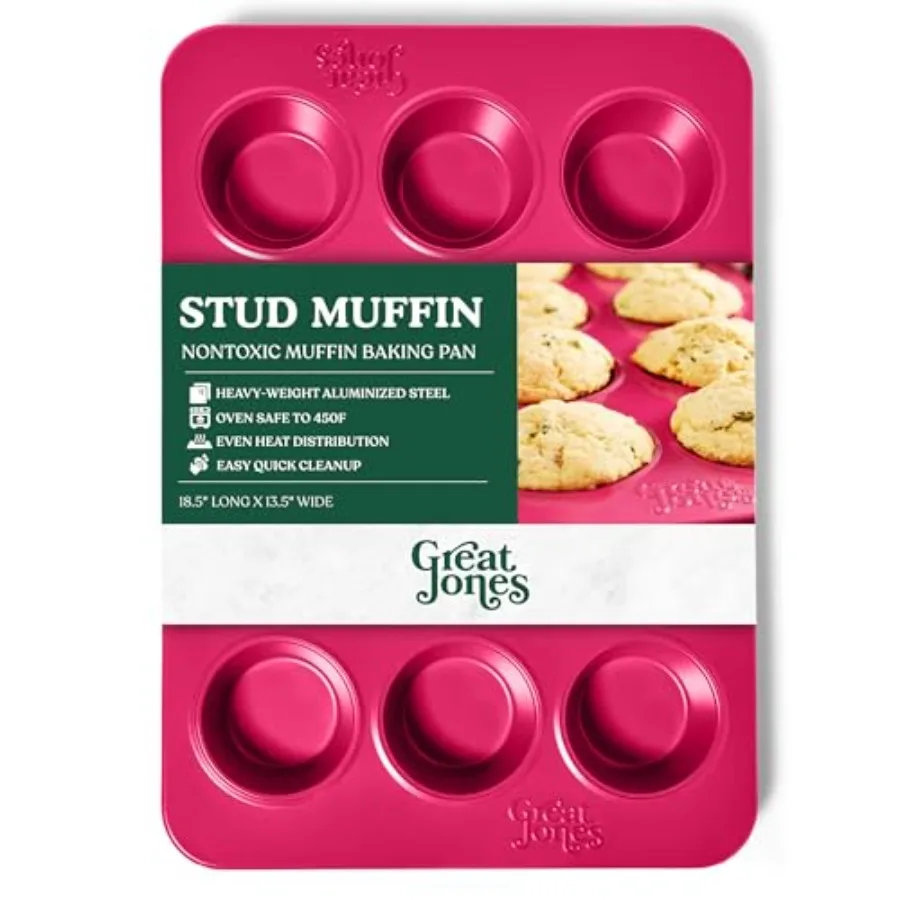 

Форма для выпечки маффинов Stud Muffin Raspberry на 12 ячеек с двойным антипригарным покрытием, без химикатов и нетоксичная, безопасна для духовки до 450°F ° F Warp