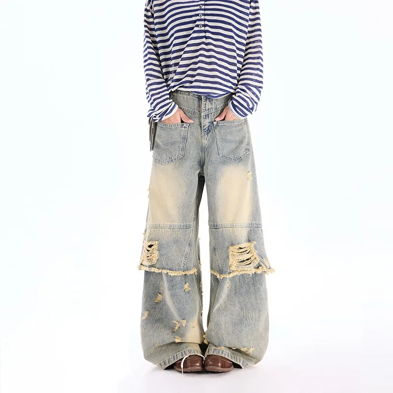 

Уличная одежда в американском стиле ретро Y2K 2024, потертые синие мешковатые рваные джинсы, брюки для женщин, одежда, широкие джинсовые брюки для пожилых женщин