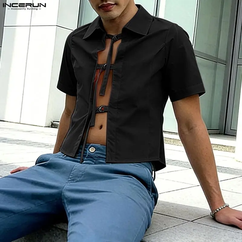 INCERUN Men Shirt Solid Color Lapel Short Sleeve Hollow Out Men Clothes Summer Sexy Streetwear Fashion Tops For Man Camisa 2026