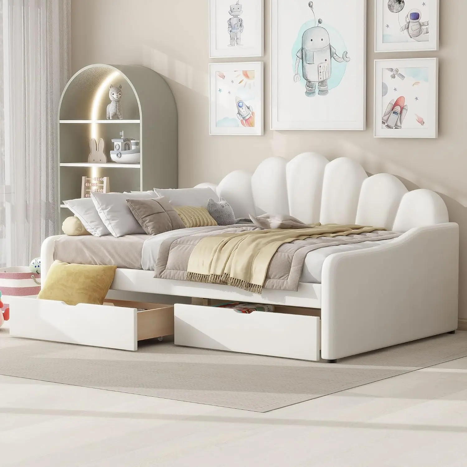 Full Size Upholstered Daybed with 2 Drawers, Wood Frame Shell Backrest, Velvet Sofa Bed Storage, No Box Spring, Customized