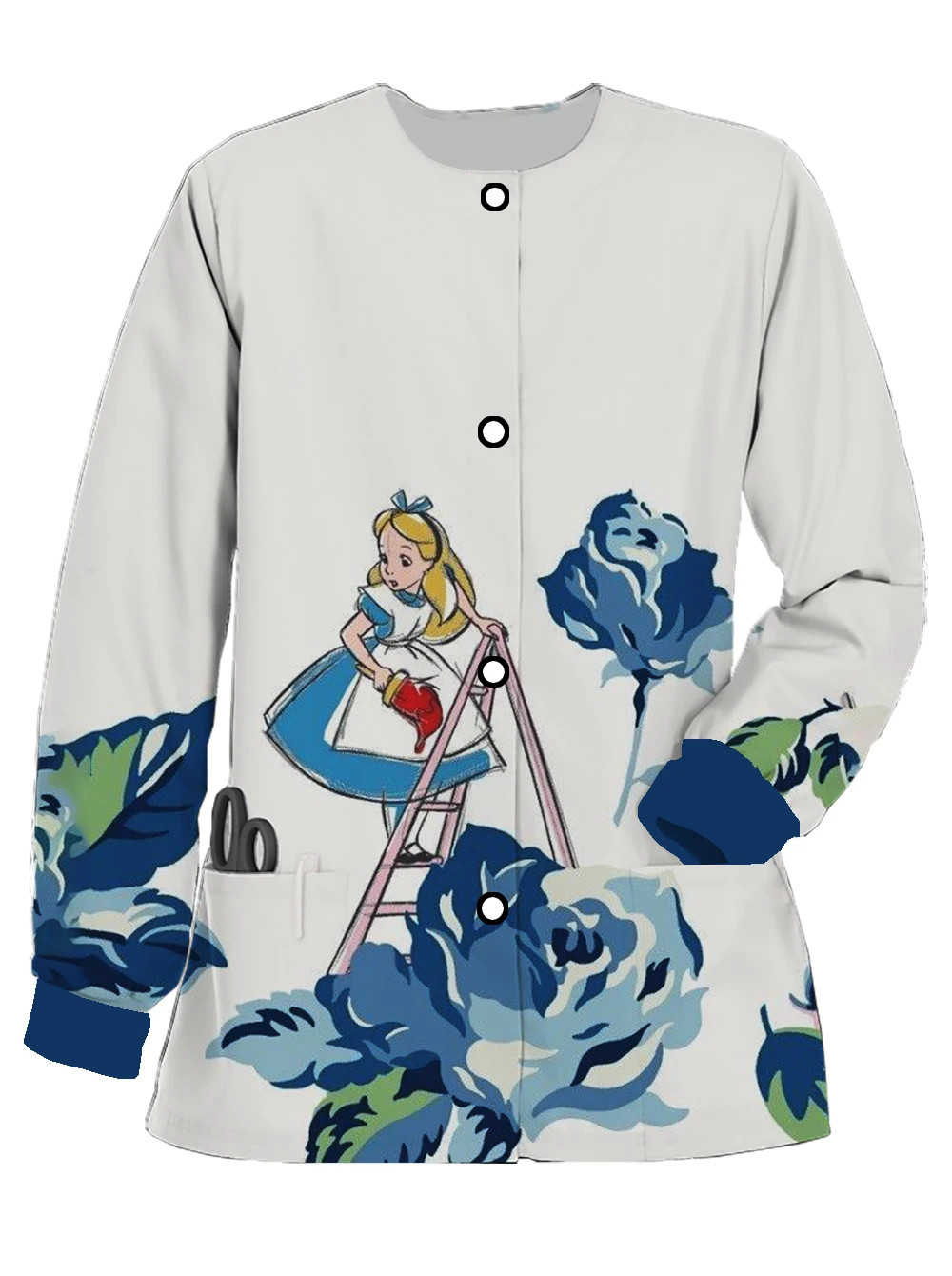 Ladies Nursing Home Work Nursing Uniform Disney Alice in Wonderland Print Doctor Nurse Autumn and Winter Pocket Cardigan