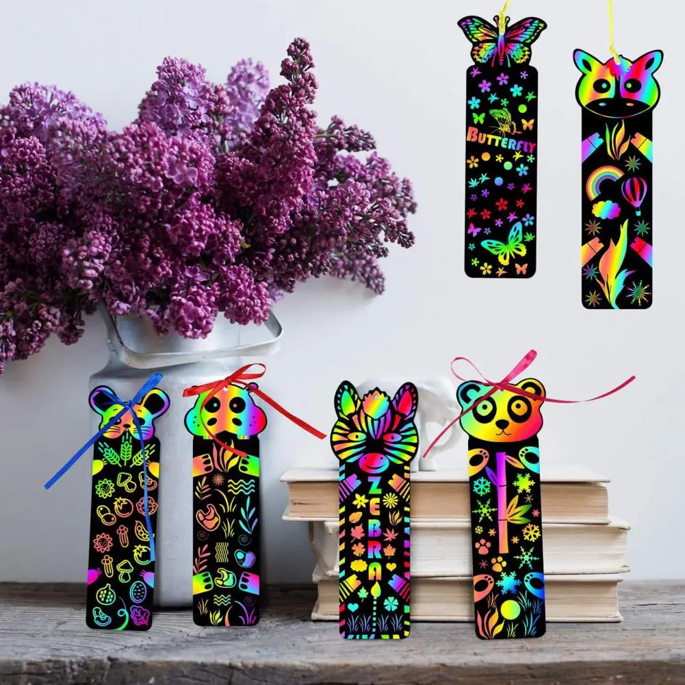 1 Set Scratch Paper Kids Art Bookmarks Scratch Paper Card Handwritten Ribbon Lanyard with Wooden Pen DIY Scratch Paper