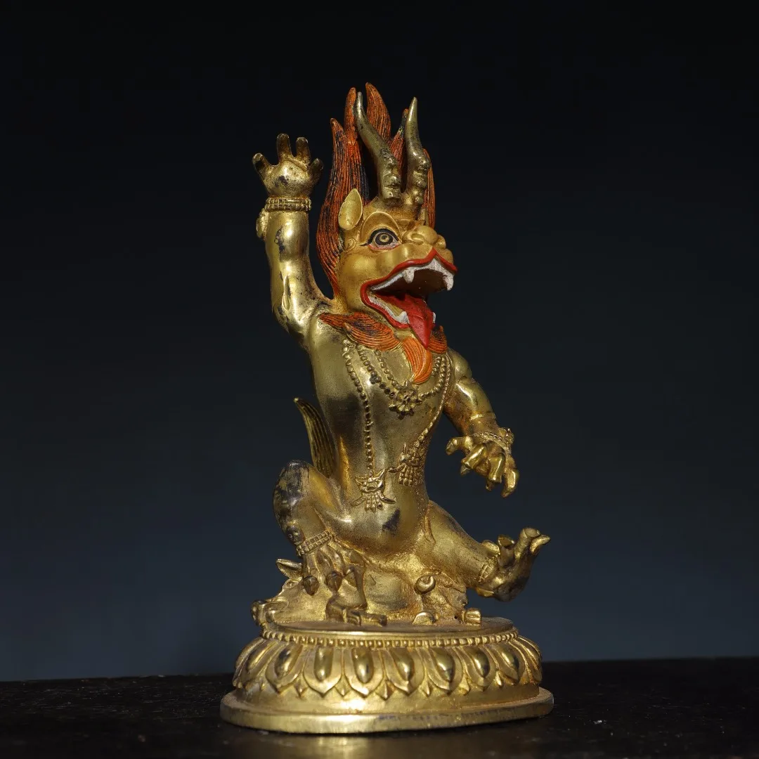 

9"Tibetan Temple Collection Old Bronze Gilded Painted Face Bull Head King Kong Yamantaka Sitting Buddha Worship Hall Town house