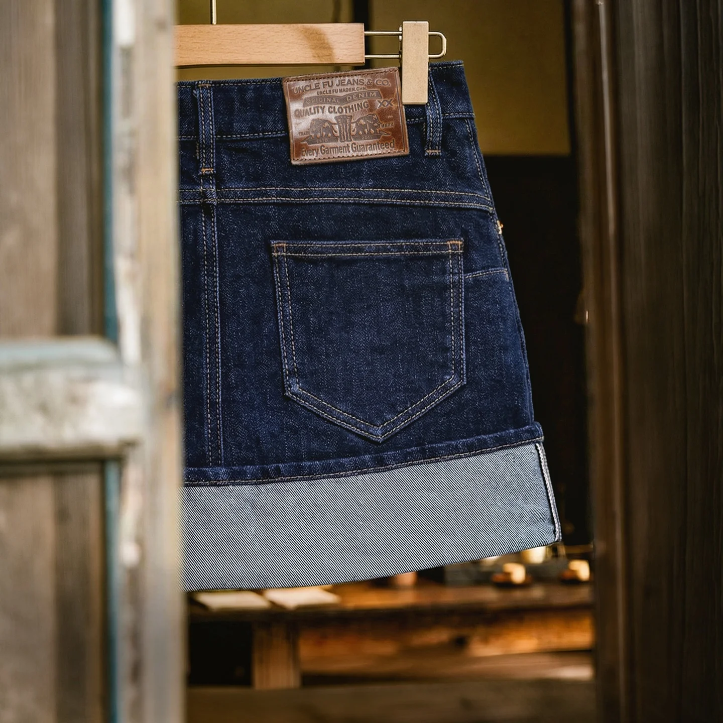 Maden Women's Denim Skirt Shorts A-Line High Waist Raw Hem Selvedge Dark Blue Butt Lifting Anti-Exposure Summer Casual Bottoms