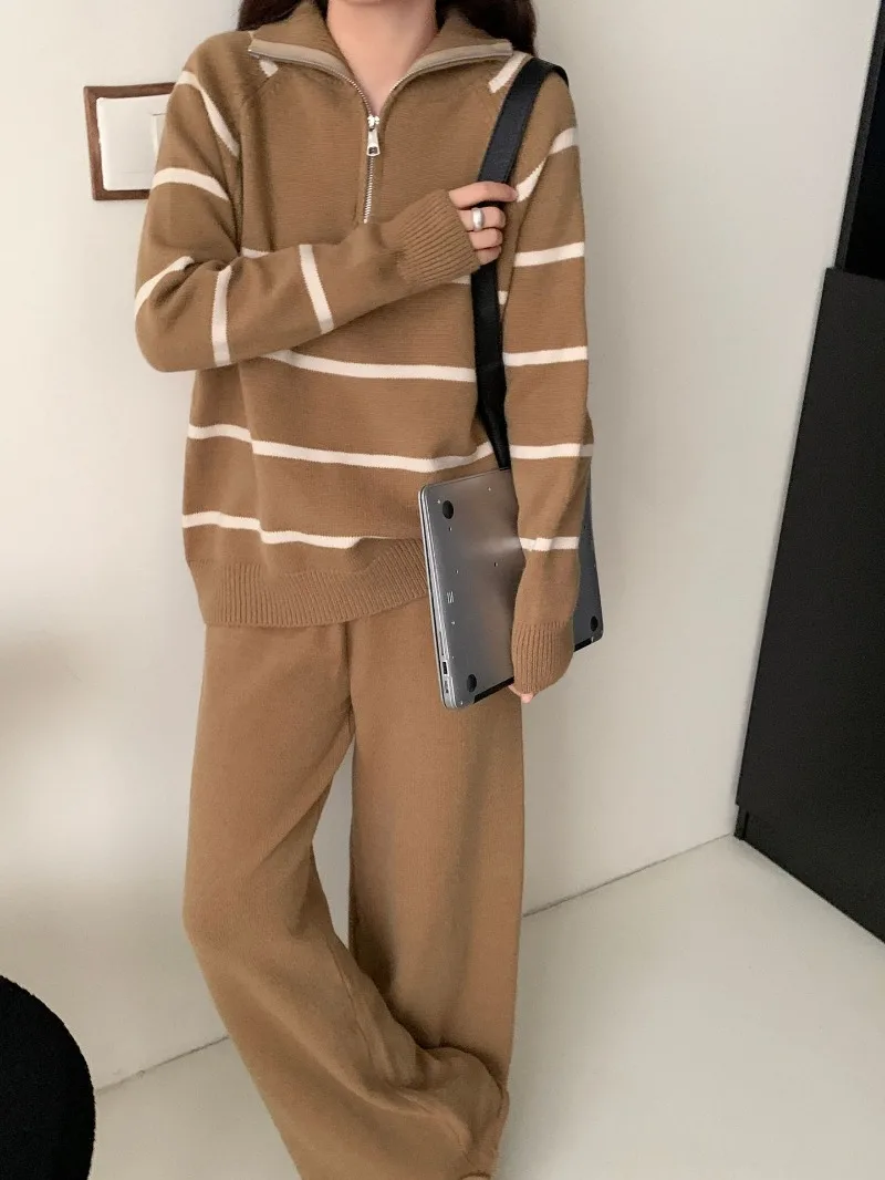 Label Zipper Striped Knitted Pants Suit Women 2024 Autumn New Korean Fashion Casual Pullover Sweater Knit Women Two-piece Sets