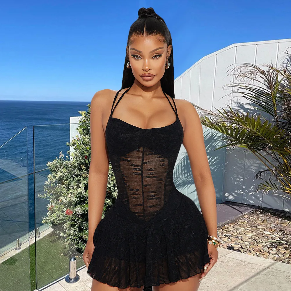 

Solid Color Lace-up Backless Mini Dresses Sexy See-through Mesh Dress Party Clubwear Chic Halter Beach Vacation Dress For Women