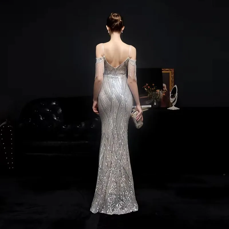 Sequin Fishtail Gown Performance Celebrity Event Banquet Etiquette Gold Luxury Evening Gown Prom Dresses for Women Ladies 2024