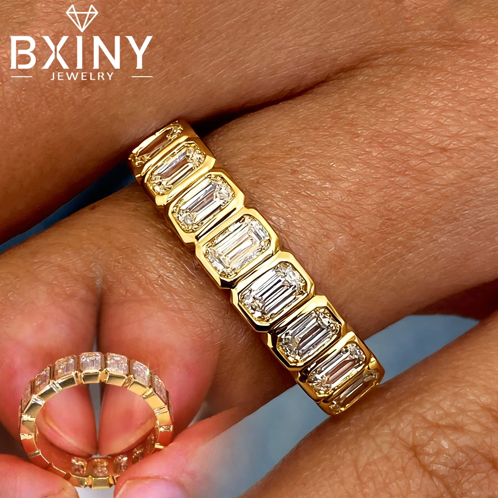 

BXINY Bezel Set Emerald Cut Moissanite Ring 100% S925 Silver for Women Certified Lab Diamond Eternity Band Gift Fine Jewelry GRA