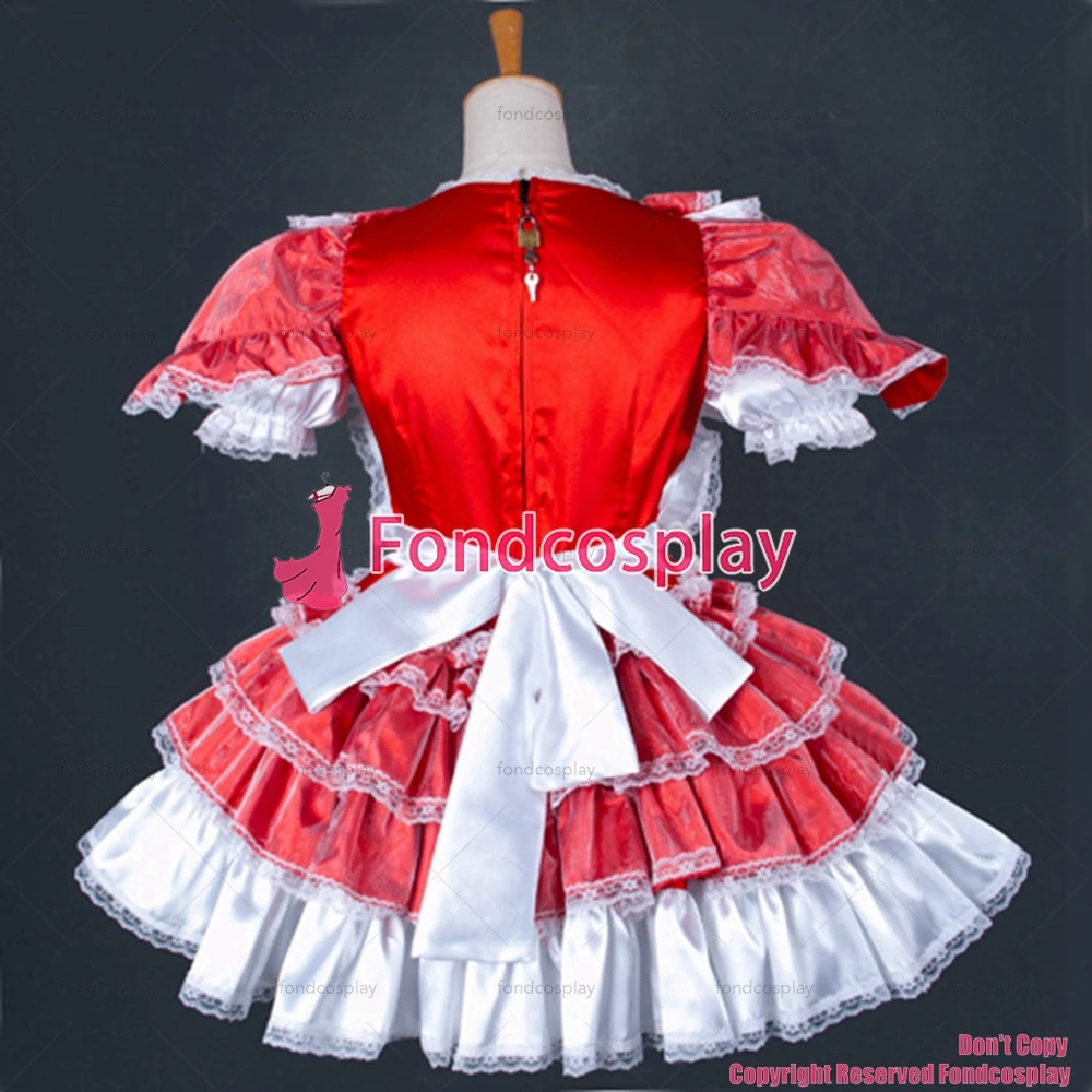 fondcosplay adult sexy cross dressing sissy maid short Dress Lockable Red Satin French Uniform Dress Costume Custom-made[G792]