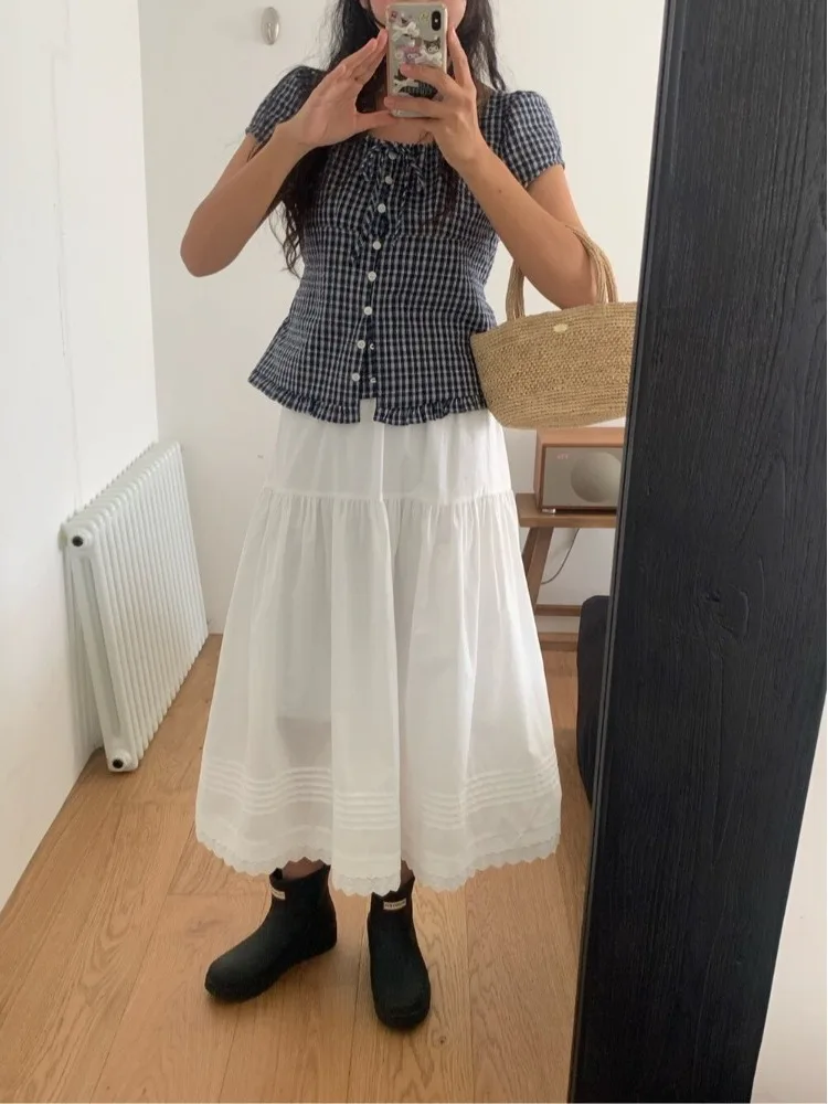 Chic Summer Anti-età Design vintage ort Sve Plaid irt Finiture in pizzo di classe da donna Bottone singolo Pendolarismo Sle Taglio dritto