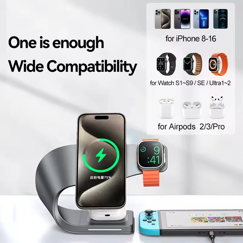 4-in-1-Wireless-Ladegerät mit Metallgehäuse für iPhone 16, 15, 14, 13, 12, magnetische Schnellladestation, Ständer, Dock für Apple Airpods Watch