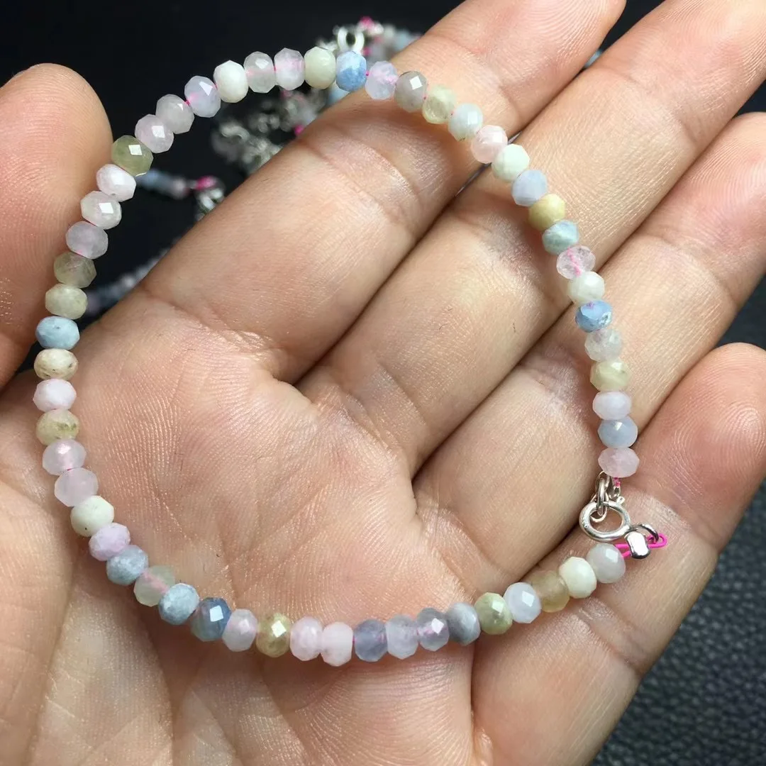 1 Pc Fengbaowu Natural Colorful Beryl Morganite Chain Bracelet Faceted Heishi Beads Reiki Healing Stone 925 Sterling Silver Gift