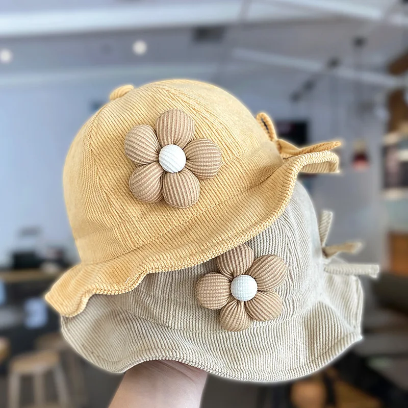 

3D Flower Baby Fisherman Hat Autumn Kids Corduroy Basin Cap Princess Girl Sunshade Visors 6-18M Infant Drawstring Bucket Hats 모자