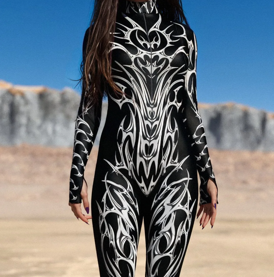 Bunt bedruckter Damen-Jumpsuit für Urlaub und Party, Punk-Zentai, Rave-Outfit, Yoga-Catsuit, Fahrrad- und Halloween-Anzug – Detail 3