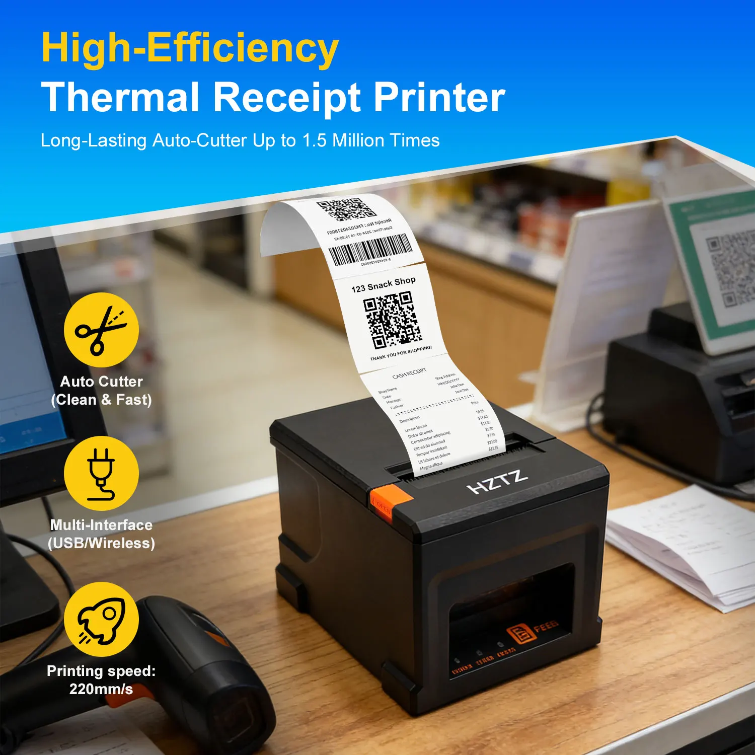 80mm Thermal Receipt Printer, 220mm/s High Speed Auto Cutter, 3 Interfaces USB/LAN/Bluetooth for Restaurant Retail Use
