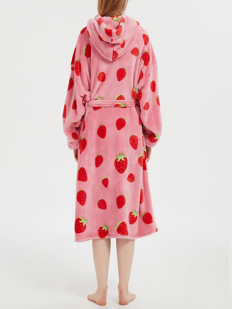 Women s Thick Flannel Bathrobe Strawberry Print Long Sleeve Fuzzy Plush Hood Bath Robe with Belt