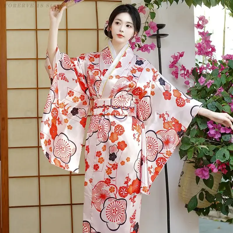 Japan Kimono Gown Performance Cosplay Costume Women Vintage Blue Kimonos Asian Style Sexy Yukata with Obi Printed Geisha Dresses