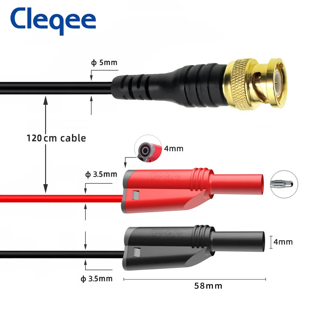 Cleqee P1064 Gold plated Pure Copper BNC Male plug to 4mm Safe Stackable Banana Plugs Oscilloscope Test Lead 120cm