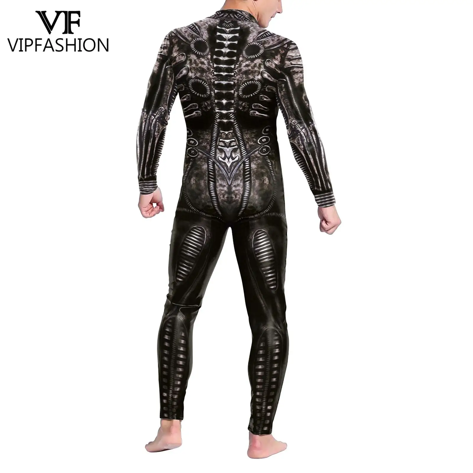 VIP FASHION Black Skeleton Costume for Men Front Zipper Zentai Suit Purim Party Jumpsuits Scary Bodysuit Cosplay Clothes