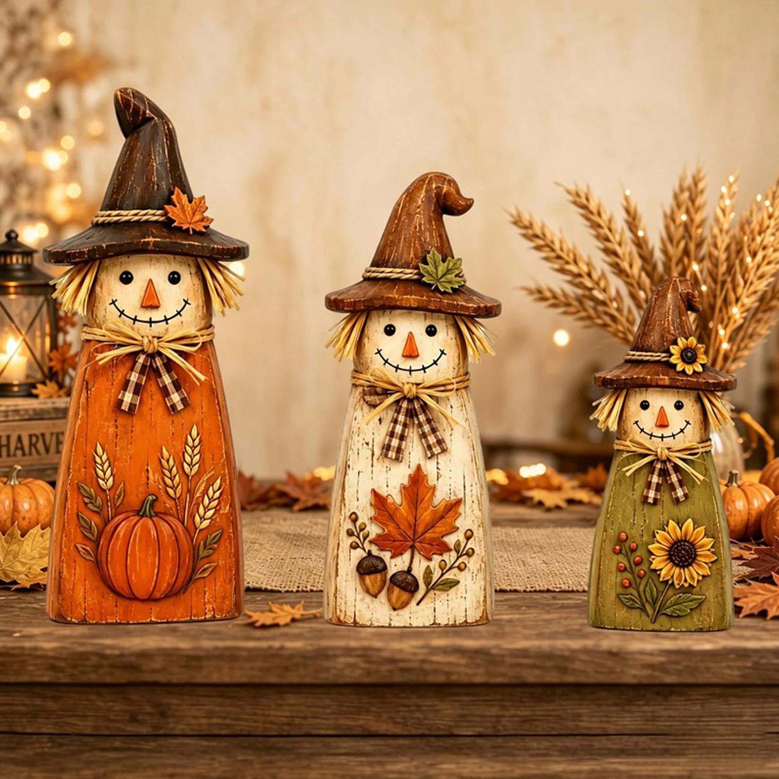 Halloween Rustic Wooden Cat Wizard Moon Figurine Gothic Vintage Autumn Fall Mantel Shelf Table Desk Home Decor Ornament Set