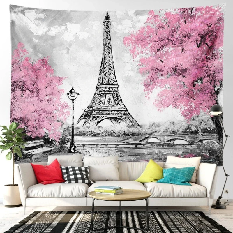 Paris Eiffel Tower Pink Wall Tapestry Room Decor Oil Painting Art Girl Tapestry Wall Hanging Aesthetic Bedroom Decoration Home