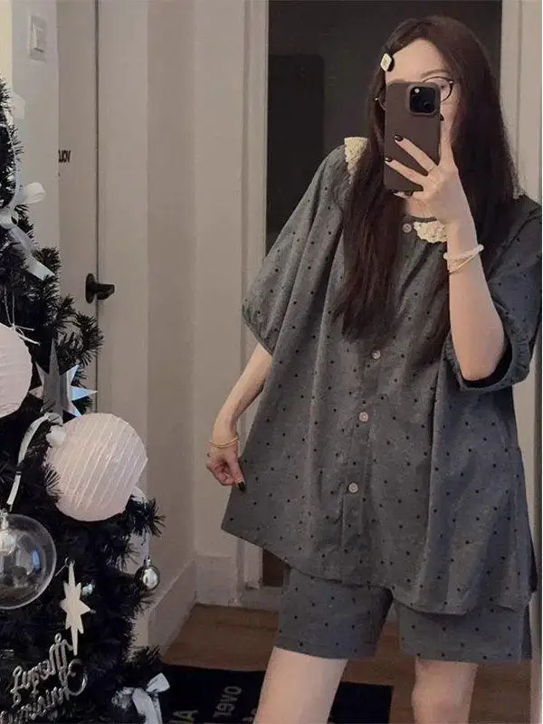 

plus Size 300 Pounds Cute Sister Japanese Doll Collar Polka Dot Sleepwear Set Women Summer Princess Casual Home Clothes