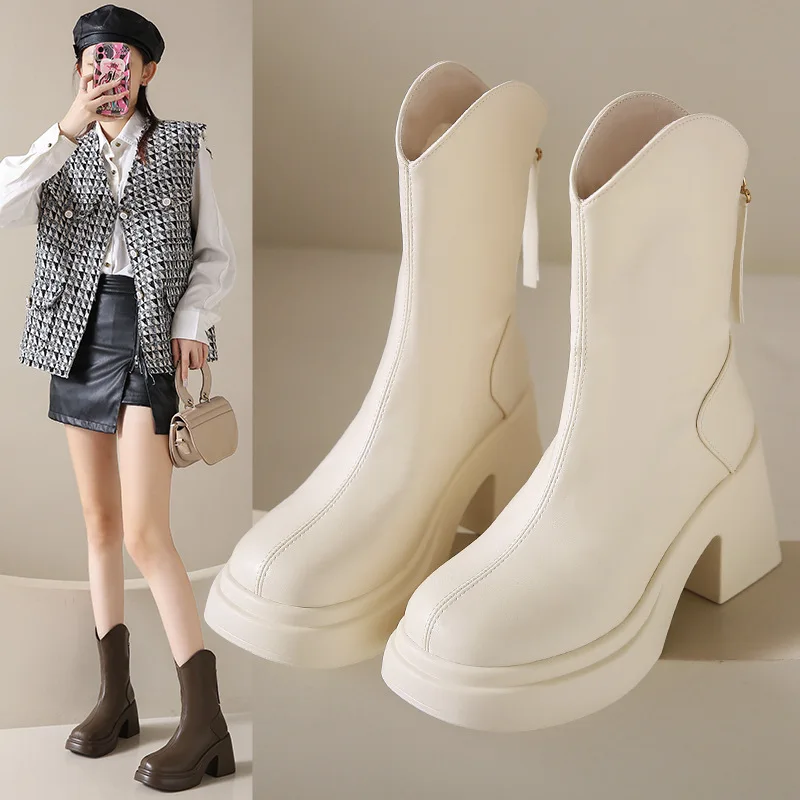 Boots Flat Platform Round Toe Boots-Women Zipper Female Shoes Luxury Designer Clogs Lolita 2024 Rock Rubber Ankle Ladies Fashion