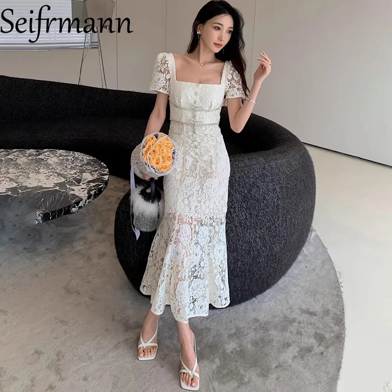 

Seifrmann 2026 Spring Women's New Fashionable Square Neck Short Sleeve Lace Waist cinching Fish Tail Long Dress