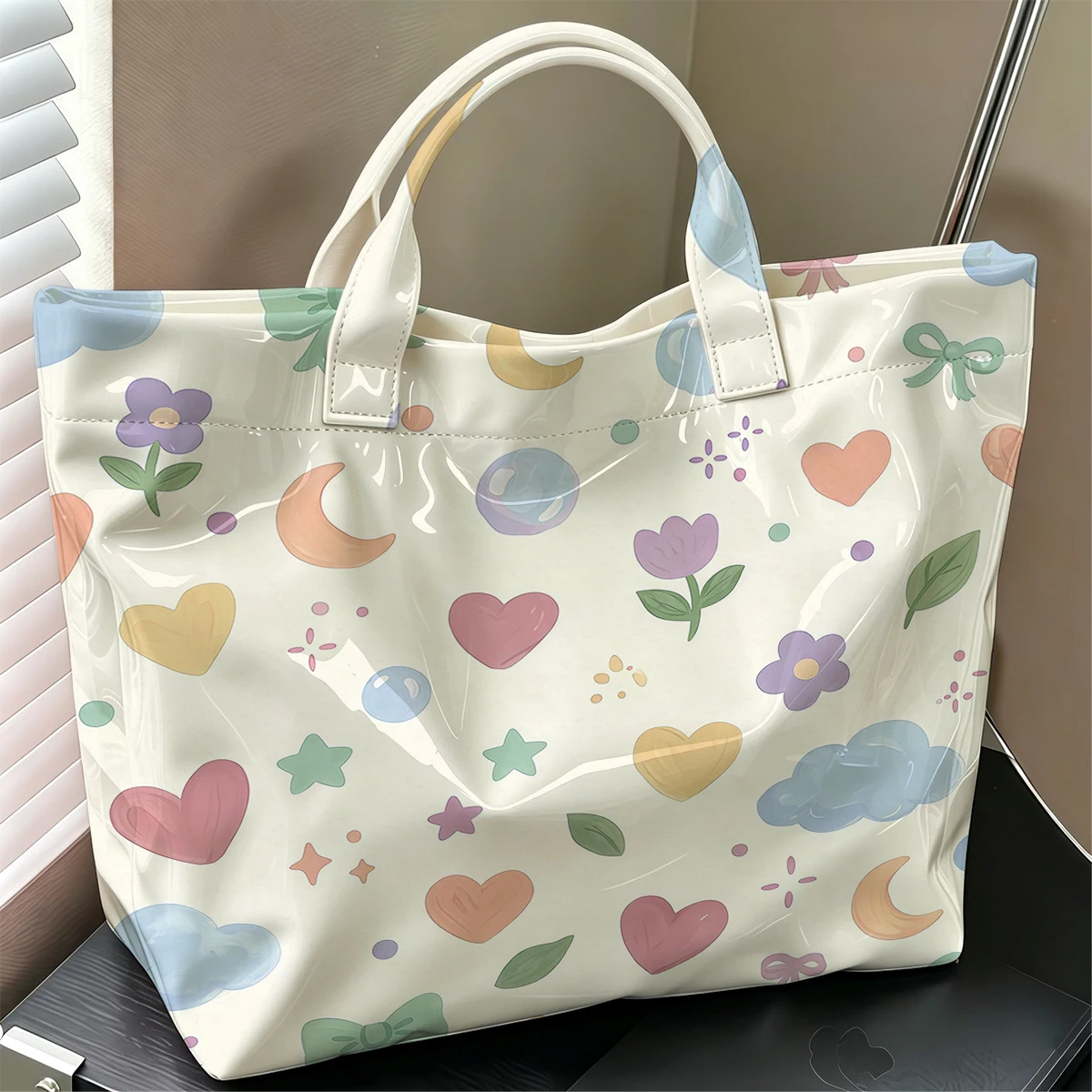 Pastel Dream Fashion Large Glossy PVC Tote Bag Hand Washable Waterproof Perfect Travel Commute Cosmetic Storage Shopper