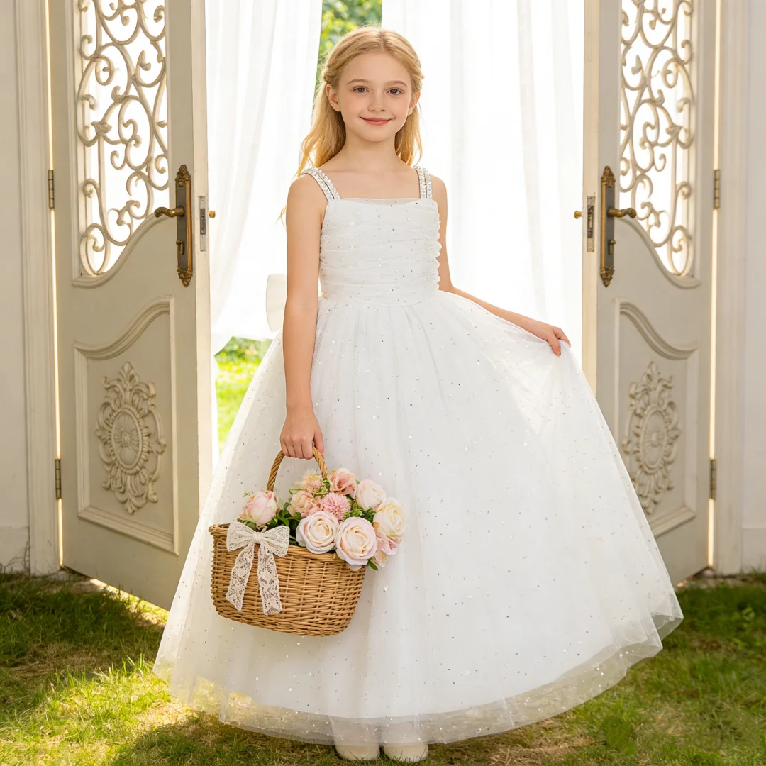

Girls Beading Sling Mesh Ball Gown Baptism Birthday Prom Party Elegant Wedding Princess Dress Host Performance Evening Costume ﻿