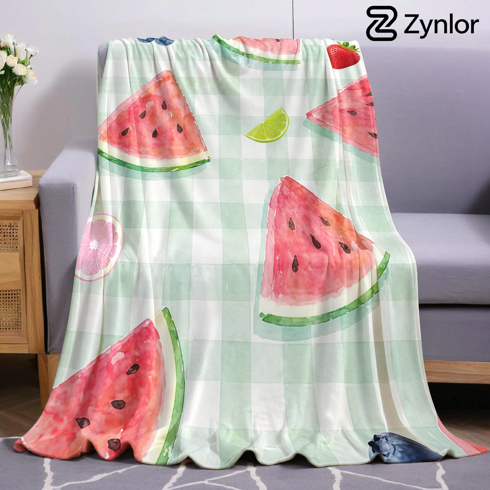 Watermelon Gingham Fruit Ultra Soft Sherpa Fleece Blanket Fluffy Warm Halloween Cozy Throw for Sofa Couch Bedroom All season