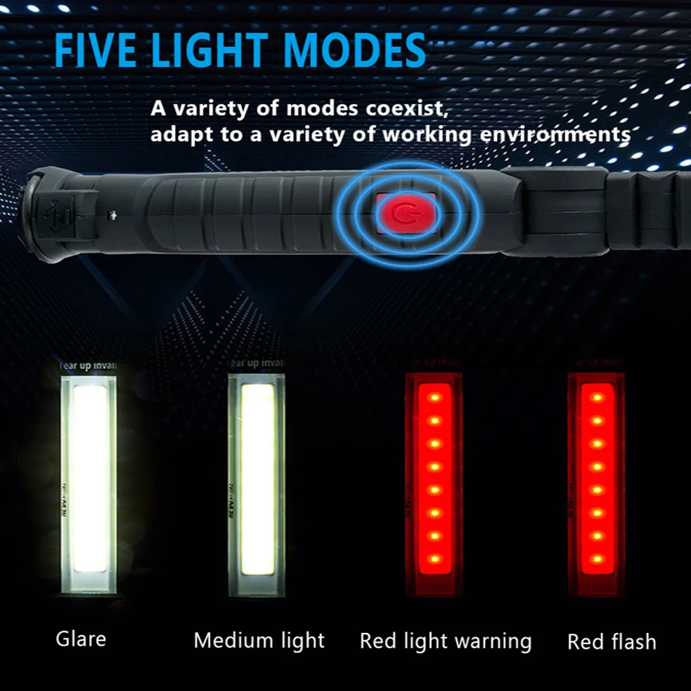 Portable COB LED Work Light USB Rechargeable LED Flashlight Inspection Lamp With Magnetic Hook Power Bank 18650 Battery Torch