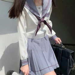 2023 Taro Purple Three Lines Sailor Suit Spring Summer Japanese School Uniform College High School Girls Students Pleated Skirt