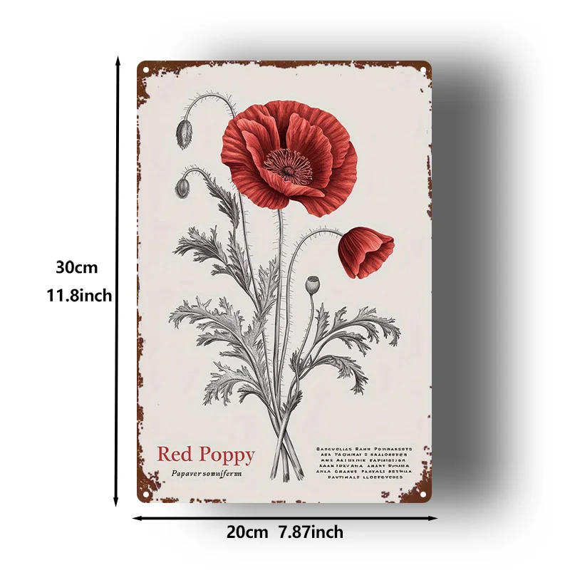 2D Flat - Vintage Red Poppy Metal Wall Art Sign in a 2D Flat Design, Measuring 20.32X30.48 cm. This Rustic Iron Floral Decoratio