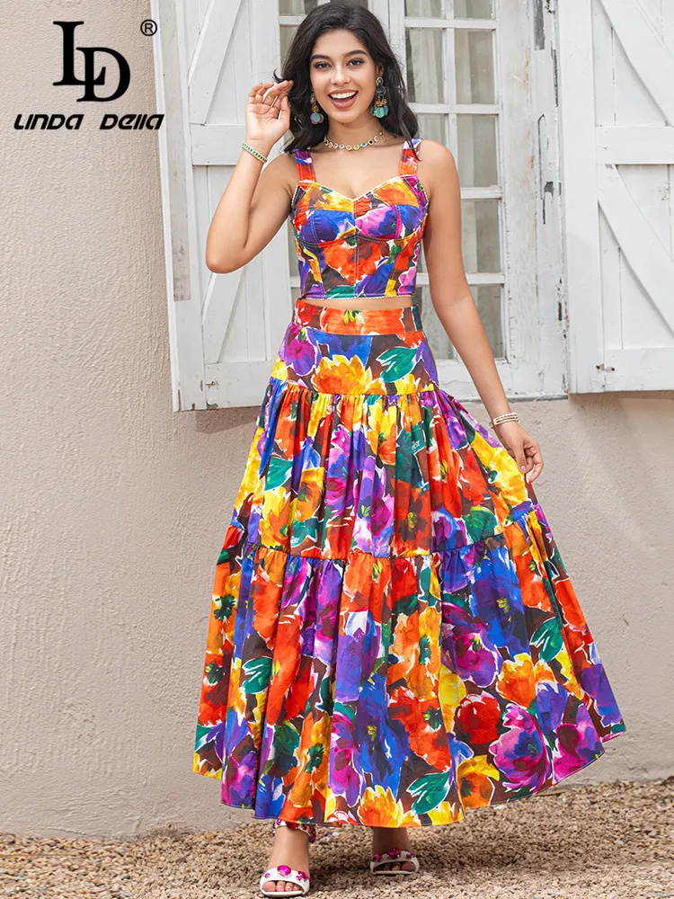LD LINDA DELLA New 2024 Summer Fashion Women Skirt Suit Spaghetti Strap Short Top Slim Floral Print Long Skirt two piece suit