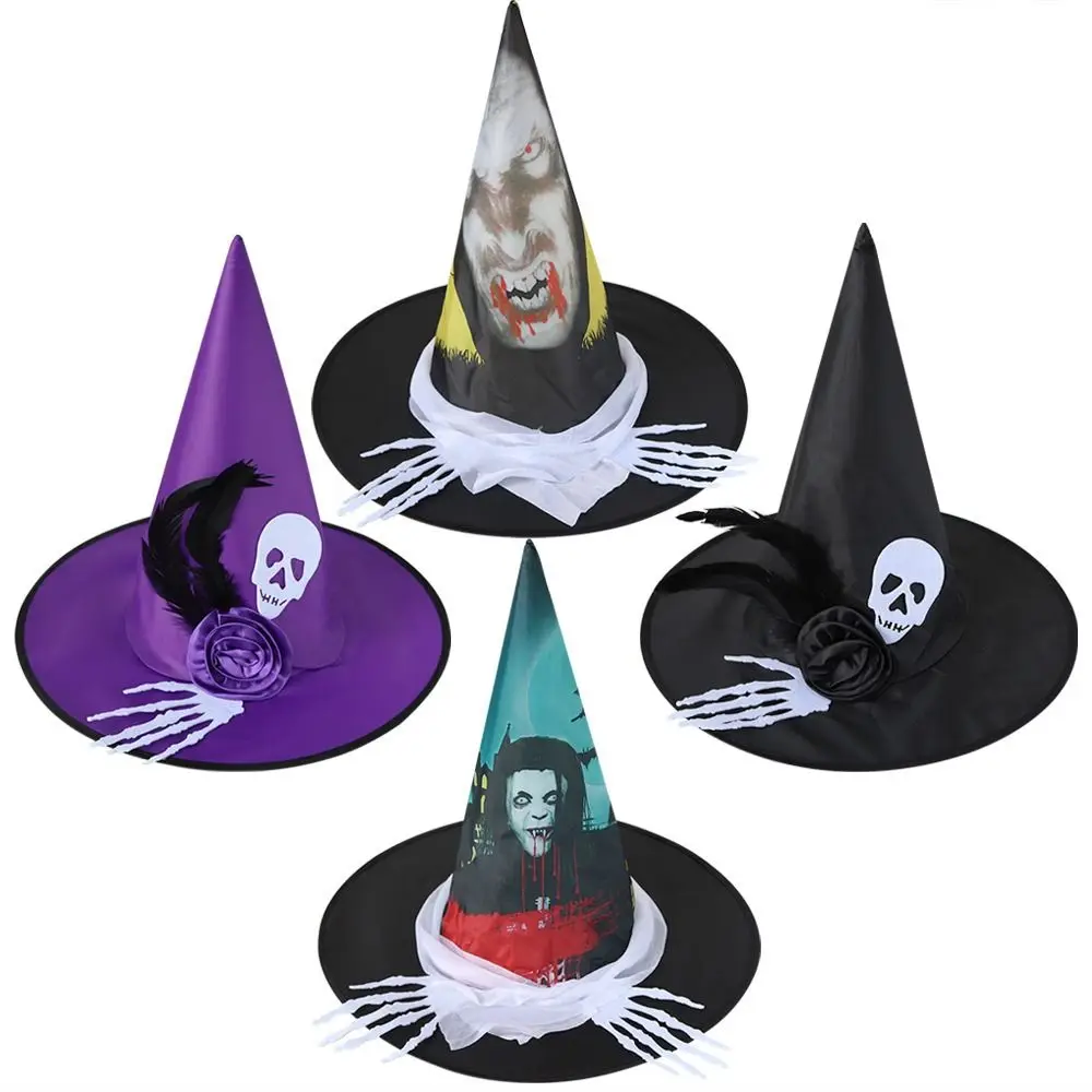 Colorful Halloween Witch Hat Cosplay Costume Props Skull Pattern Children Wizard Cap Party Props Halloween Cosplay Accessories
