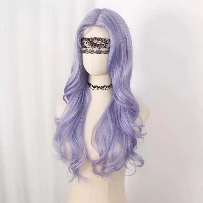 Light Purple Long Big Wavy Curly Synthetic Cosplay Wig, Front Lace Full Head Wig for Halloween Event Party  Costume Role‑Playing
