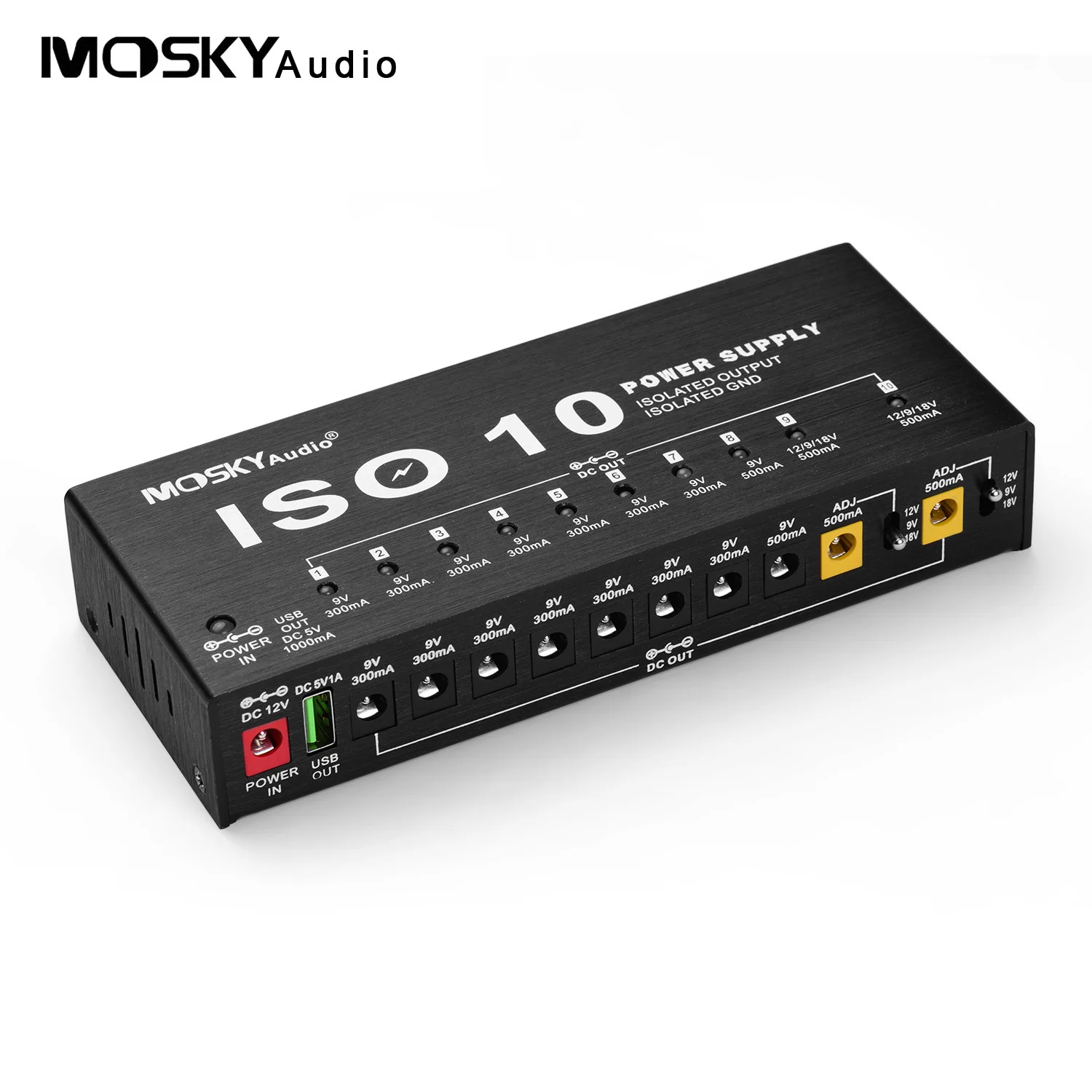 MOSKYAudio ISO-10 Guitar Effects Power Supply Station 10 Isolated DC Outputs 5V USB Output for 9V 12V 18V Guitar Effects Pedal