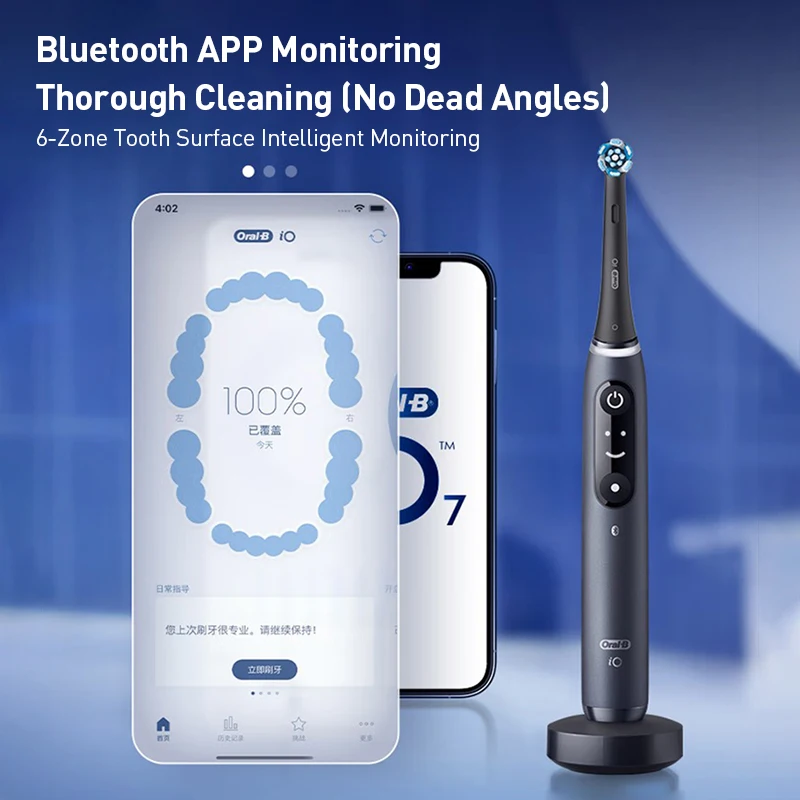 Oral-B iO7 Smart Electric Toothbrush 5 Modes Dual Pressure Control OLED Bluetooth APP IPX7 2-Week Battery