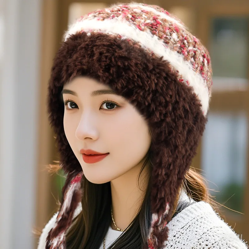 

Ethnic Style Striped Splicing Knitted Wool Hat Autumn and Winter Women's Thickened Warm and Cold Ear Protector Pullover Hat