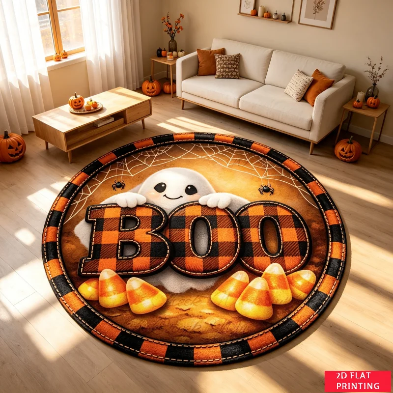 Halloween Boo Ghost Plaid Candy Corn Round Carpet For Spooky Season Decor With Orange Black Border And Festive Carpet Accent