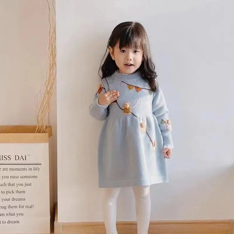 

Girls' Dress Autumn/Winter Children's Hoodie Knitted Embroidered Sweater Stylish New Year's Dress Princess Dress