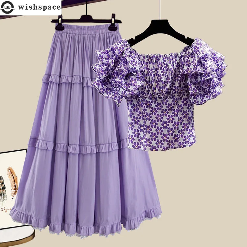 Summer New French Elegant Women's Dress Set Bubble Sleeve Pleated Chiffon Shirt Top Lace Pleated Princess Skirt Two Piece Set