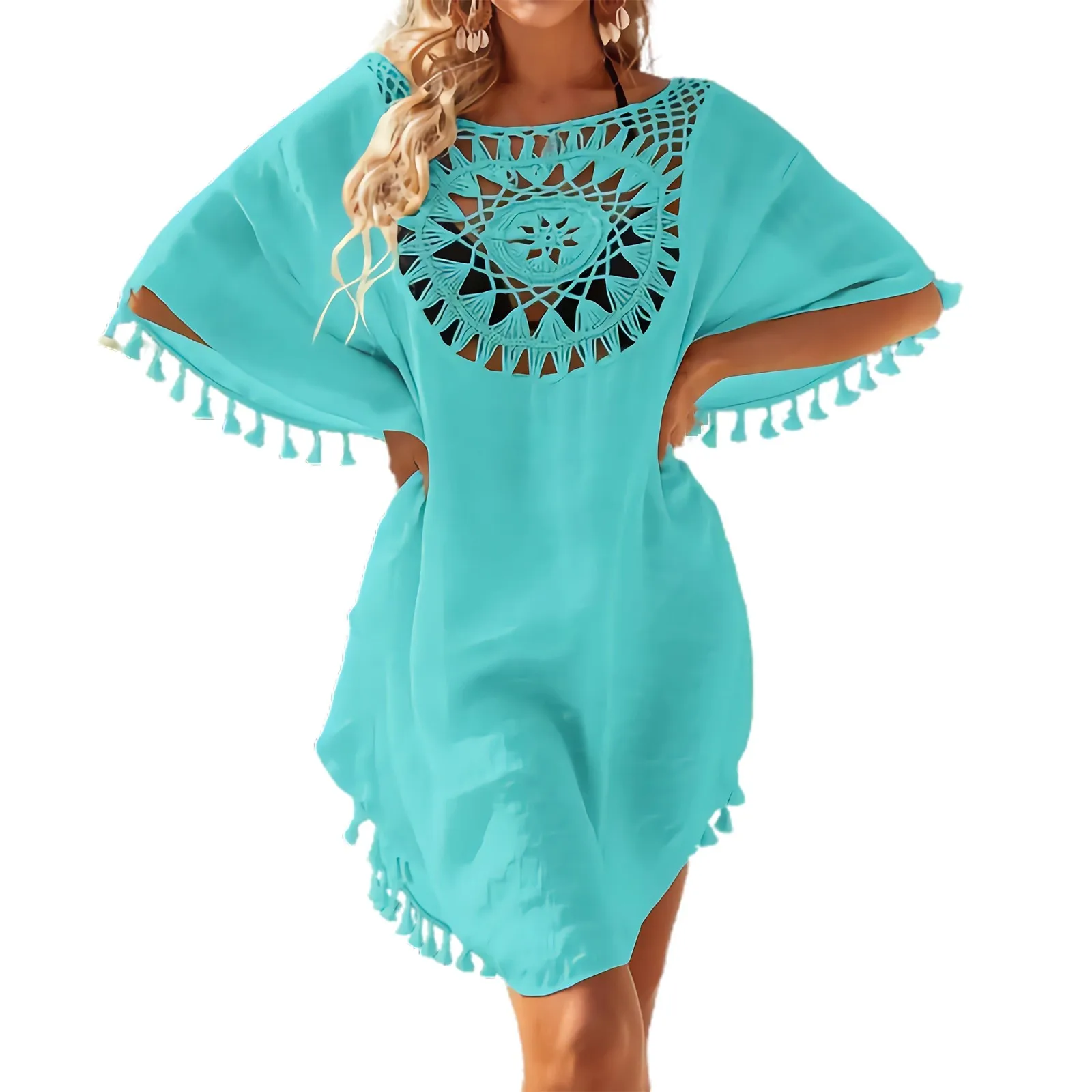 Seksowna luźna modna bawełniana lniana sukienka plażowa Zwykły kolor Bikini Cover UP Strój kąpielowy Hollow Out Casual Vacation Dress Robe De Plage