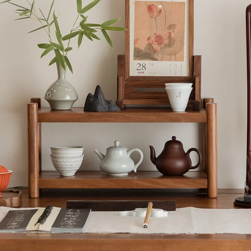 Porte-gobelet en bois massif japonais, rangement de bureau pour salon de thé, structure à 2 couches, rangement pour service à thé, présentoir de scène polyvalent, T1