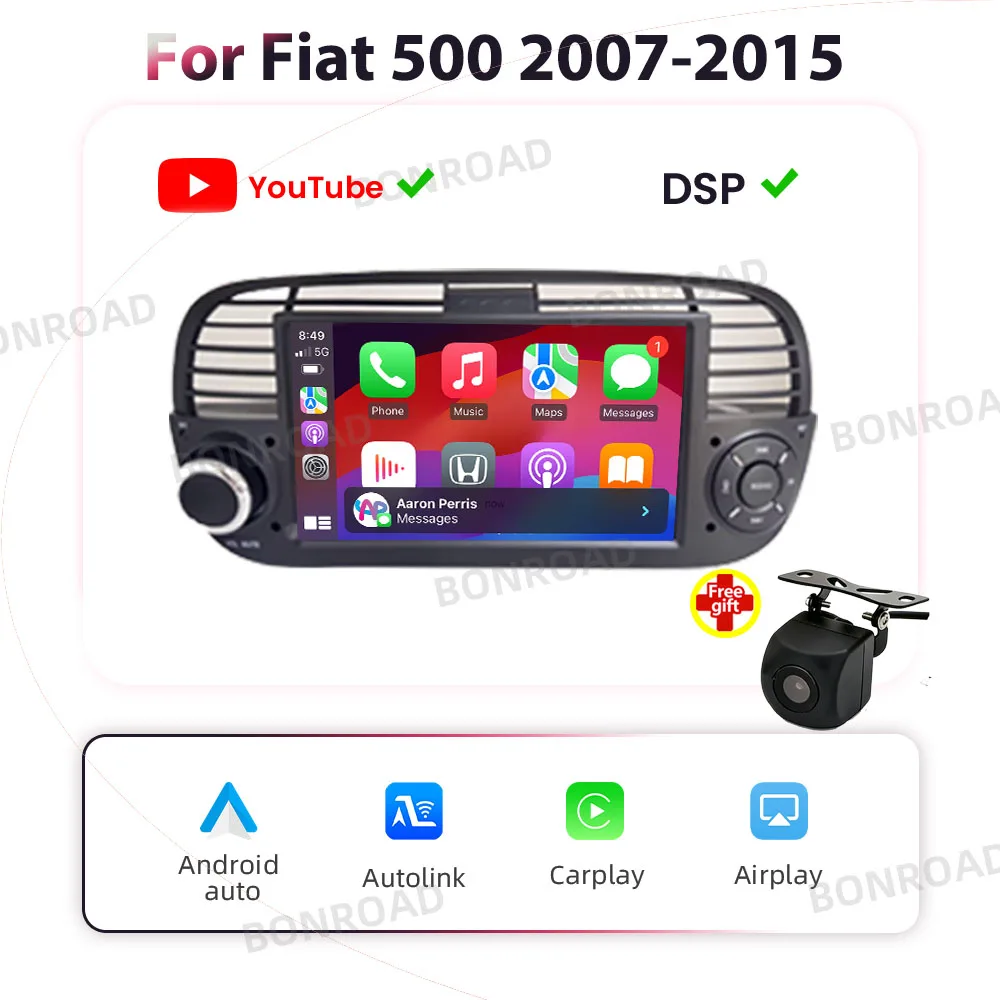 BONROAD 7 inch Draadloze Carplay Android auto Touchscreen Voor Fiat 500 500C Abarth 2007-2015 Auto Radio Multimedia speler RDS DSP