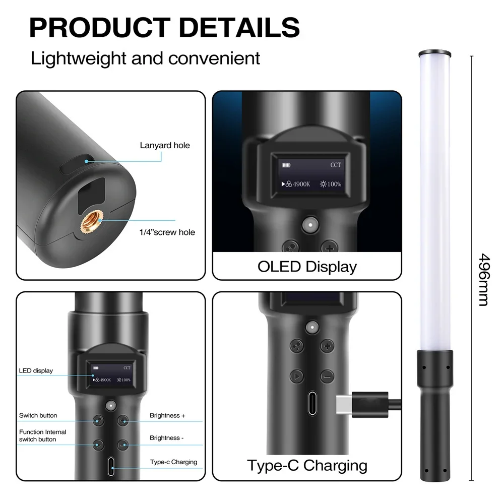 Y 50CM Handheld RGB Colorful Stick Light Handheld LED Light Wand CRI 95+ 2500K-9000K Photography Studio Lamp with Remote Control