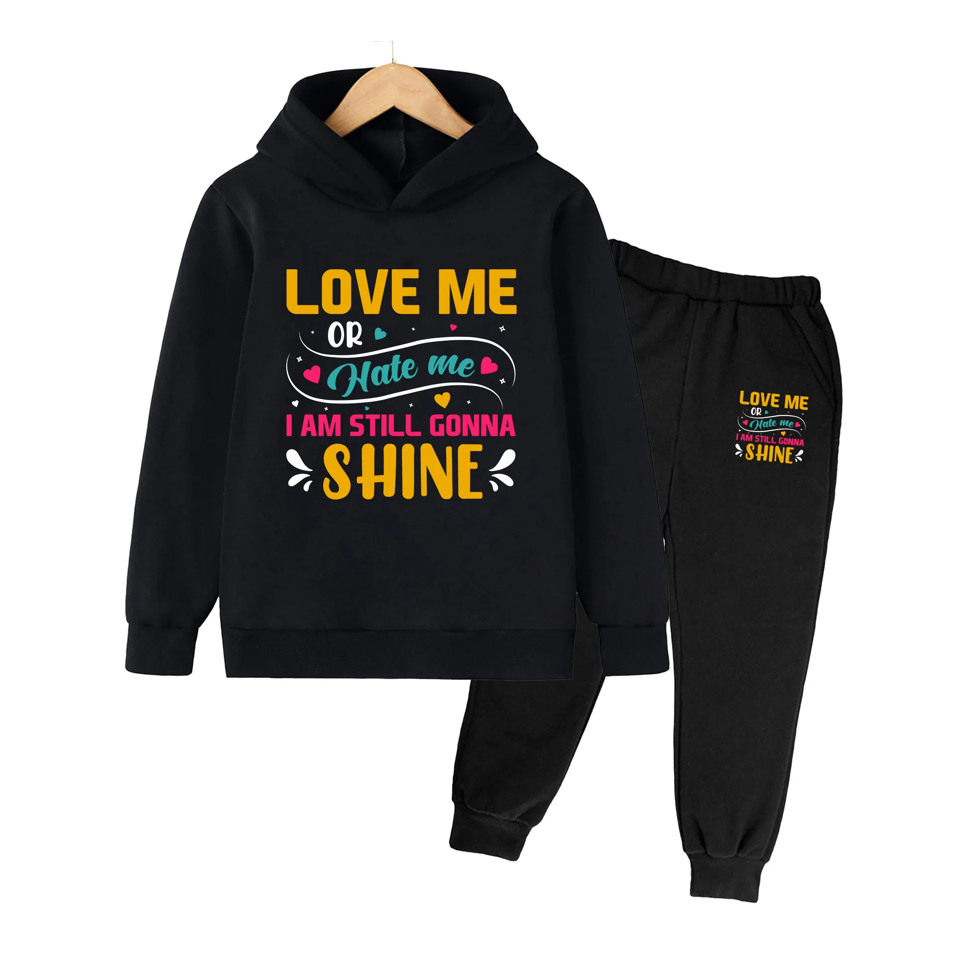 Kids Hoodie & Sweatpants Set, LOVE ME Print Casual Sportswear for Boys Girls Daily Wear