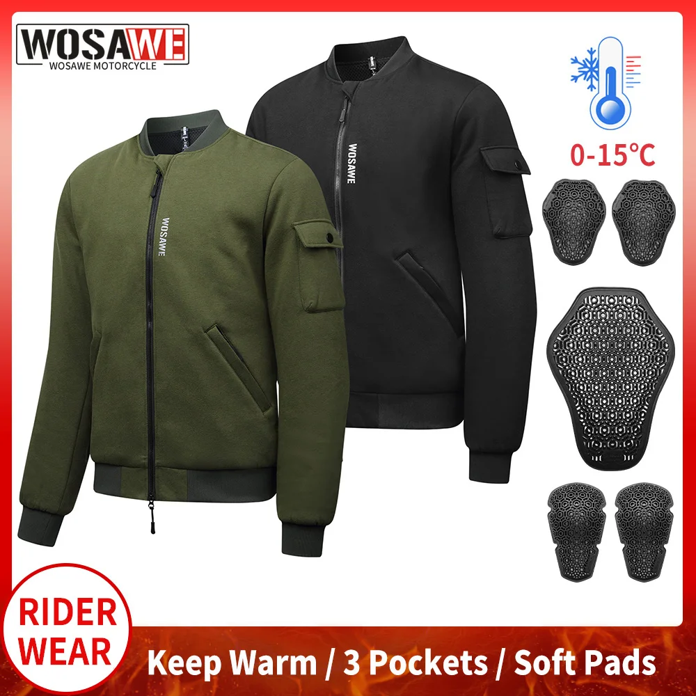 WOSAWE Winter Motorcycle Jacket Built-in Back Pad Soft Gear Windproof Warm Bomber Coats Casual Motocross Riding Clothing
