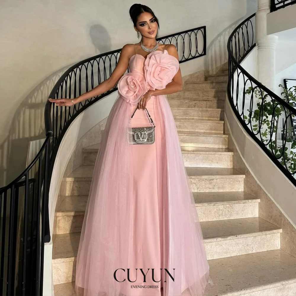 

CUYUN Saudi Formal Evening Dresses Strapless Sweetheart Handmade Flowers Prom Dresses Customized Elegant Women Party Gown